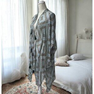 Vivante Blue‎ & White Lightweight Gauze Boho Tasseled Swim Cover Kimono